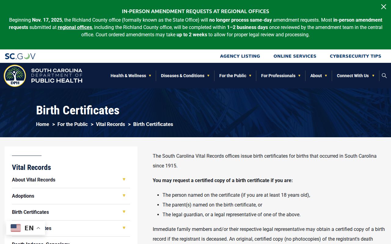 Lexington County residents directory South Carolina DPH birth certificate instructions