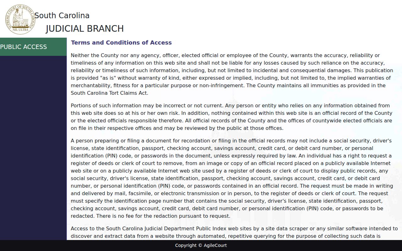 Lexington County residents directory South Carolina Judicial Public Index acceptance screen